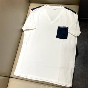 極美品！◎送料込■14万円【PRADAロゴ】Tシャツ【プラダ】最高級【白】◎近年モデル ポロシャツ レザー ジーンズ チノ ジャケット メンズ