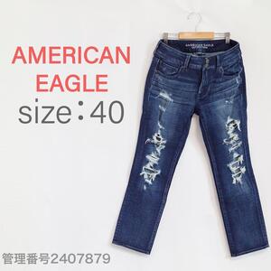 【美品】AMERICAN EAGLE(アメリカンイーグル)　ダメージ加工　ローライズデニムパンツ　ブルー　M