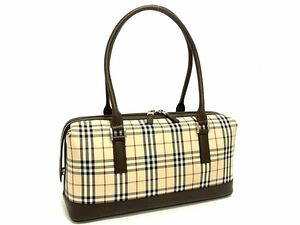 1円 BURBERRY バーバリー ノバチェック ナイロンキャンバス×レザー ハンドバッグ ショルダー 肩掛け トート ベージュ系 FF2699