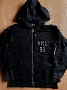 RRL ブラックインディゴジップパーカー M ロゴフェルトパッチ＆エルボーパッチ付き ラルフローレンビンテージニットジャケット