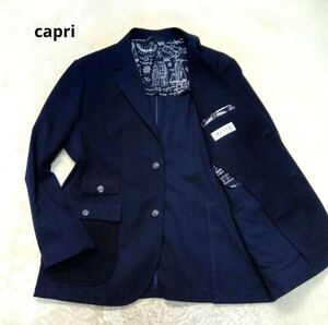 《美品》Capri Blue カプリ ニット切替 テーラードジャケット ネイビー XL襟裏 裏地 総柄 ボタン ロゴ刻印 ポケットニット切替