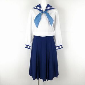 1円 セーラー服 スカート スカーフ 上下3点セット 中間服 白2本線 女子 学生服 中学 高校 白 制服 中古 ランクC NA9372