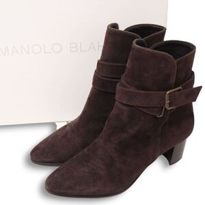 新品同様★ MANOLO BLAHNIK マノロブラニク 秋冬 ベルト♪ スエード レザー ショート ブーツ Sz.35 1/2　レディース 定16万　K4G00125_A#T