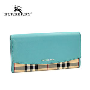 【A02519】BURBERRY バーバリー チェック柄 レザー二つ折り長財布 アクアグリーン