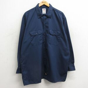 XL/古着 ディッキーズ Dickies 長袖 ワーク シャツ メンズ 大きいサイズ ロング丈 紺 ネイビー 24feb15 中古 トップス