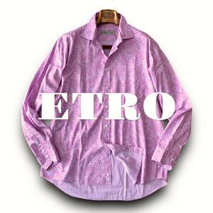 B16 極美品 爽やか！極上ペイズリー！定価7万 XL『エトロ ETRO』イタリアンコットン 長袖 シャツ アートのような鮮やかさ！ピンクパープル