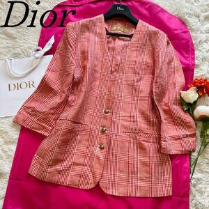 【良品】Christian Dior チェック柄ジャケット レッド M クリスチャンディオール 赤 ノーカラージャケット VINTAGE