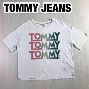 TOMMY JEANS トミージーンズ 半袖Tシャツ XS ホワイト ビッグロゴ プリントTシャツ 刺繍ロゴ フラッグ ショート丈