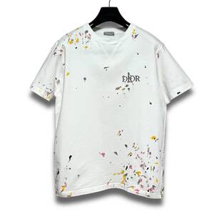 美品 21SS DIOR HOMME ディオール オム ロゴ エンブロイダリー ペイント 加工 クルーネック オーバーサイズ Tシャツ ホワイト Mサイズ