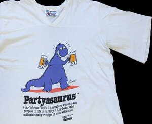 ★80s USA製 Saurusly Speaking Partyasaurus 恐竜 ビール Vネック コットンTシャツ 白★オールド ビンテージ ワンピース オーバーサイズ