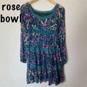 .美品　VINTAGE　ヴィンテージ　rose bowl ローズボール 緑 S ティアードワンピ チュニック 花柄　総柄