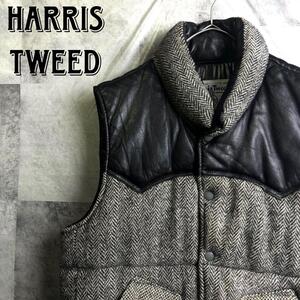 英国製 Harris Tweed ハリスツイード ヘリンボンウール&レザー ダウンベスト ブラック 黒 M