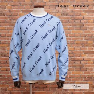 1円/秋冬/Heal Creek/50(XL)サイズ/丸首ニット カシミヤ混ハイゲージ ジャガード ロゴ 遊び心 かわいい ゴルフ 新品/青/ブルー/jd159/