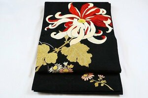 【送料無料】未使用品　アンティーク　袋帯 刺繍　黒色　大正ロマン　レトロ　お洒落　正絹　 m-4422