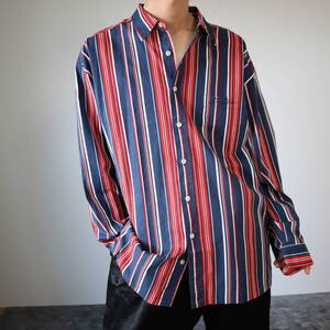 S112 Mix Color Stripe Vintage Cotton Shirt XXL ストライプ 柄 ルーズ オーバーサイズ コットン 長袖シャツ 刺繍 2XL