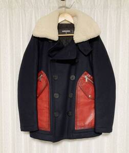 美品 [DSQUARED2] 17AW 定35万 CONTRAST POCKET PEA COAT 襟ムートン レザー切替 カシミヤ混 ウールピーコート 48 牛革 ディースクエアード