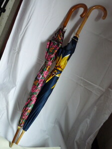ELLE PARIS　エル　長傘 雨傘 ２本◆藍地 黄色い花/茶地 薔薇ほか　