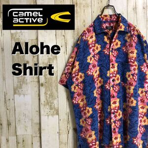 camel active ハイビスカス ボタニカル 花柄 総柄 刺繍ロゴ ロゴタグ ピースネーム アロハシャツ ハワイアンシャツ 半袖シャツ L 古着