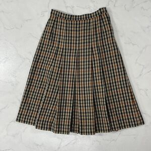 DAKS ダックス チェック 裏地付き ジップ カギホック ウール ボックス プリーツ フレア ひざ丈 スカート ベージュ ブラウン ブラック