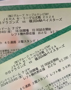 ペアチケット　　10/4中日ドラゴンズ VS 横浜DeNAベイスターズ 