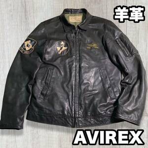 AVIREX A2 MA-1 フライトジャケット レザー 羊革 ワッペン 黒 Lサイズ レザージャケット シングルライダース