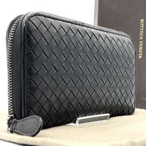 最高級◆BOTTEGA VENETA ボッテガヴェネタ 長財布 ロングウォレット イントレチャート ラウンドファスナー ブラック 黒