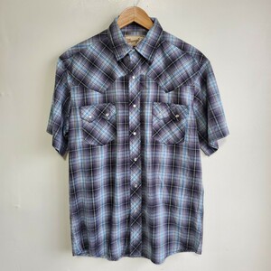 628◆ラングラー Wrangler 半袖 ウエスタンシャツ sizeM チェック柄 水色×黄×黒 vintage 中古 USED アメカジ