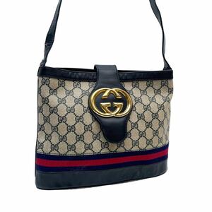 1円 GUCCI オールド グッチ GG PVC×レザー インターロッキング シェリーライン ゴールド金具 ショルダー バッグ ネイビー