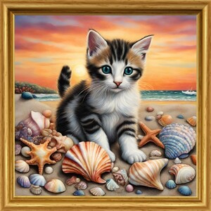 猫 ねこ　海　貝殻　夕焼け　イラスト　絵　絵画　インテリア　子猫 Ｌ版サイズプリント ハンドメイド