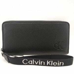 美品　カルバンクライン　長財布　ラウンドファスナー　ブラック　レザー　ストラップ　黒　Calvin Klein　中古　◆3111/藤枝インター店