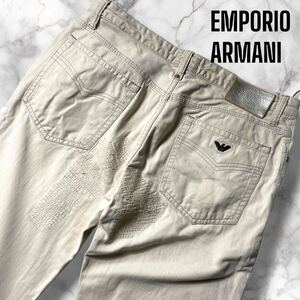 希少XL!!!美品!!! エンポリオアルマーニ 白デニム パンツ ジーパン イーグルロゴ EA7 レザーパッチ ダメージ加工 EMPORIO ARMANI メンズ 33