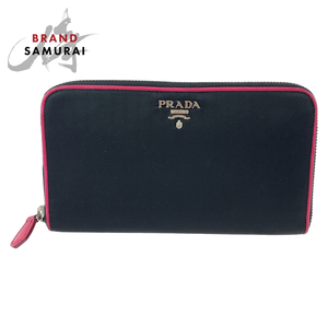 PRADA プラダ テスート ブラック 黒 ピンク シルバー金具 ナイロン 長財布 ラウンドファスナー レディース 407815