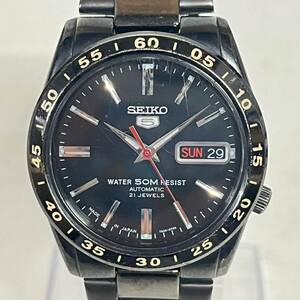 1円~【実動】セイコー SEIKO 5 ファイブ 7S26-02T0 自動巻き メンズ腕時計 ブラック文字盤 デイデイト 裏スケ 21石 純正ベルト J152264