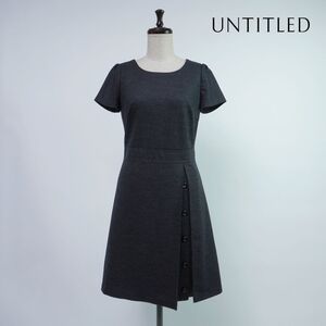 美品 UNTITLED アンタイトル ウール100% フロントボタン 半袖フレアワンピース 膝丈 裏地あり レディース ダークグレー サイズ2*OC337