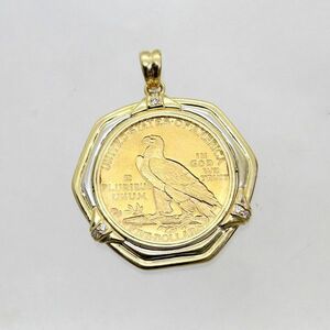 ◎中古美品◎１８金YG,WG枠　ダイヤ　0.05ｃｔ　インディアンコイン　ペンダント