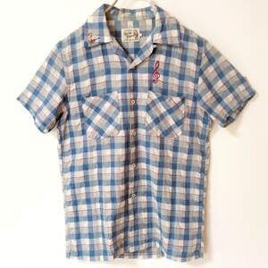 6-35【大人かっこいい】美品HYSTERIC GLAMORURヒステリックグラマー　オープンカラーシャツ半袖刺繍 青　サイズS　日本製