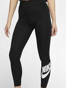 美品 送料無料★NIKEナイキ★レディース裾ロゴマークプリントタイツ/Sサイズ黒白ブラックホワイト★レギンスパッツスキニーウィメンズ