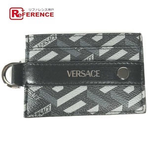 美品 VERSACE ヴェルサーチ ロゴ 名刺入れ パスケース Dリング付き カードケース ブラック メンズ【中古】