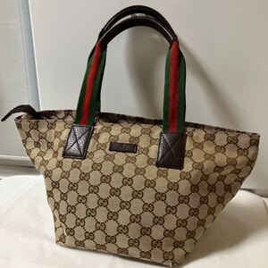 【美品】 GUCCI グッチ ハンドバッグ トートバッグ GGキャンバス レザー シェリーライン ロゴプレート シリアルあり