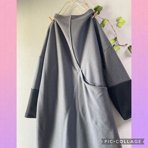 handmade::あたたかボトルネックアシンメトリーゆったりワンピース：北欧英国ハンドメイドグレー灰色ブラック黒ハイタートルプルオーバー