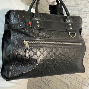 【美品】GUCCI グッチ メンズ ビジネスバッグ ブリーフケース 仕事鞄 シェリーライン GGシマ オールレザー 本革 A4◎ 大容量 ブラック 黒