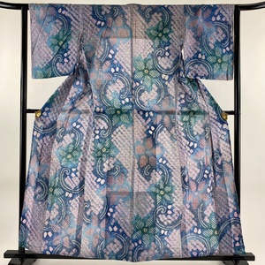 浴衣 身丈158cm 裄丈63cm S 絞り浴衣 花唐草 青灰色 綿 名品 【中古】