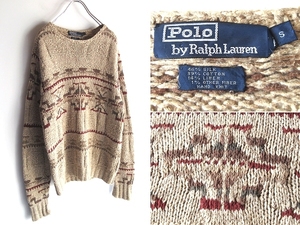 希少 90sビンテージ Polo by Ralph Lauren ラルフローレン HAND KNIT ネイティブ柄 シルクコットンリネン ハンドニット セーター S USA企画