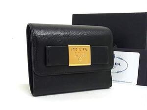 1円 PRADA プラダ 1MH840 サフィアーノレザー リボン 三つ折り 財布 ウォレット 小銭入れ 札入れ レディース ブラック系 FG2369