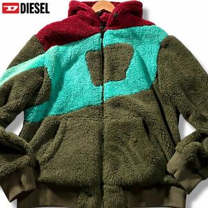 極美品/XLサイズ相当●DIESEL ディーゼル ボアパーカー 起毛 フリース ジップ ジャケット アウター 背面切替 フロントDロゴ カーキ