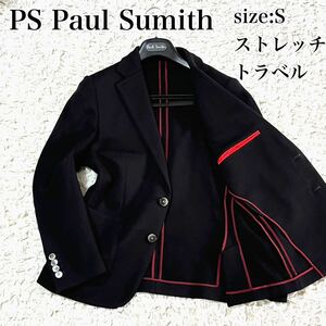 至極の一品 美品 PS Paul Smith ピーエスポールスミス テーラードジャケット シングル ストレッチ 伸縮性 ドット トラベル 2B 黒 赤 S