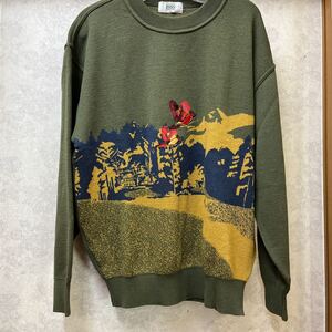 ★MUNSINGWEAR★マンシングウェア 長袖セーター ニット 深緑モスグリーンカーキ色 L 刺繍入り 毛100％　ウール