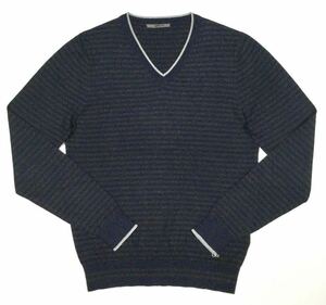 特得※ 美品「GAS」ストライプ柄 カシミアブレンド コットンニット Vネック プルオーバーセーター Navy SIZE:S