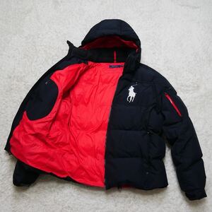 【極美品 XLサイズ フード着脱可】POLO RALPH LAUREN ポロラルフローレン 肉厚 ダウンジャケット ビッグポニー ロゴ刺繍 黒 ブラック 赤