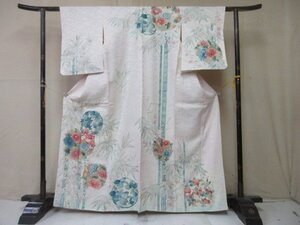 1円 良品 正絹 着物 訪問着 縮緬 式典 和装 アンティーク 花丸 竹縞 四季花 おしゃれ 袷 身丈154cm 裄63cm【夢職】★★★